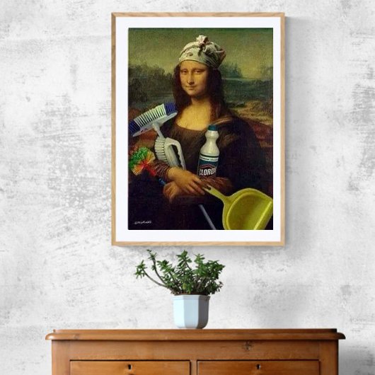 Poster Nettoyeur Mona Lisa tenant outils de nettoyage Da