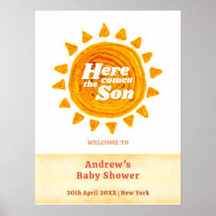 Poster Neutral Here Come Boho Baby shower accueil