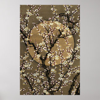Poster Neutral Tone Full Moon Cherry Blossom Design Art