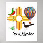Poster New Mexico Zia_ Chiles, Balloon, Roadrunner, Yucca (Devant)