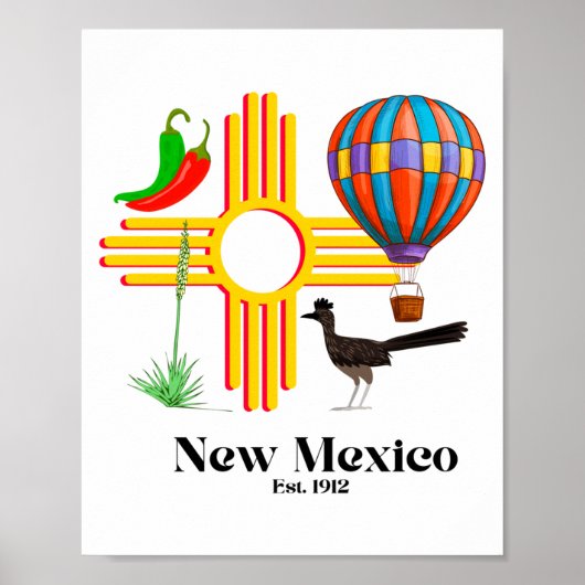 Poster New Mexico Zia_ Chiles, Balloon, Roadrunner, Yucca (Devant)