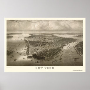 Poster New York, carte panoramique de NY - 1851