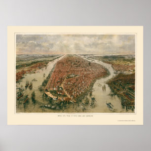 Poster New York, carte panoramique de NY - 1865