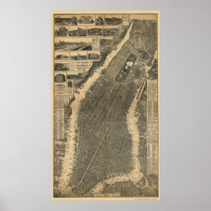 Poster New York, carte panoramique de NY - 1879