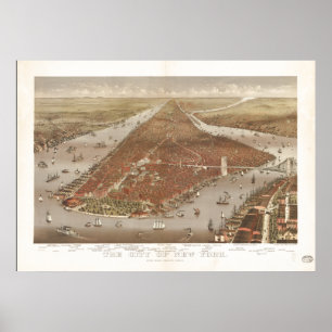 Poster New York City 1884 Carte panoramique antique
