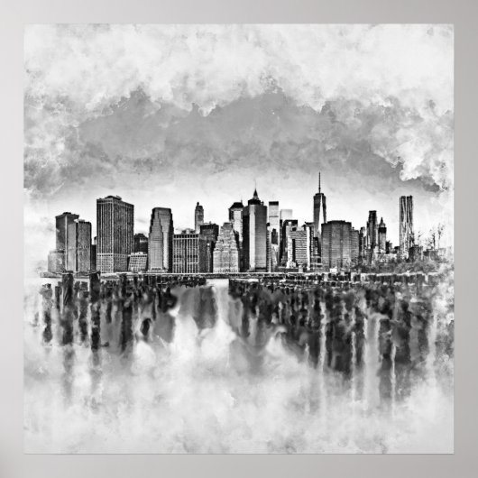 Poster New York City Manhattan Skyline - noir et blanc (Devant)