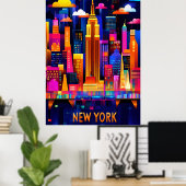 Poster New York City Neon Glow - Art géométrique Skyline (Bureau à domicile)
