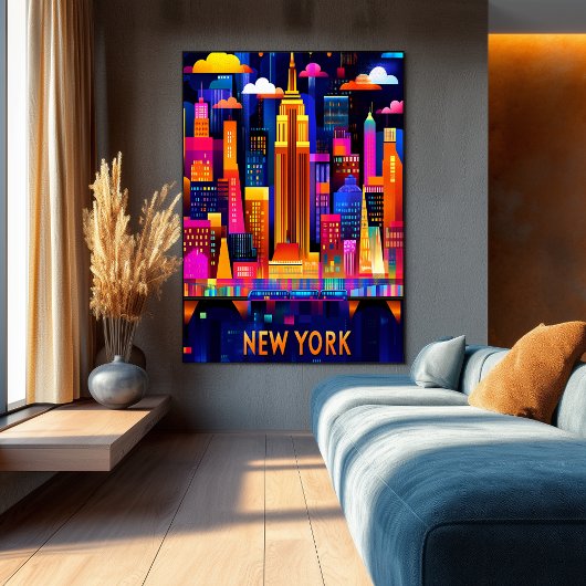 Poster New York City Neon Glow - Art géométrique Skyline