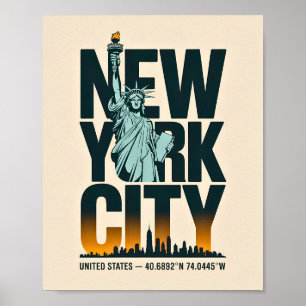 Poster New York City Typographie Statue de Liberty Skylin