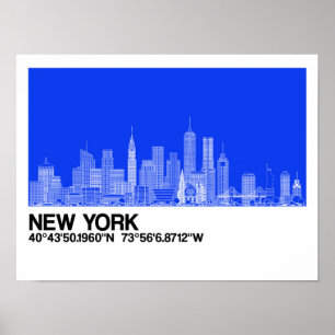 Poster New York Skyline + Coordinates in Blue Backgr.