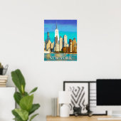 Poster New York Skyline en bleu Cobalt et Tan (Bureau à domicile)