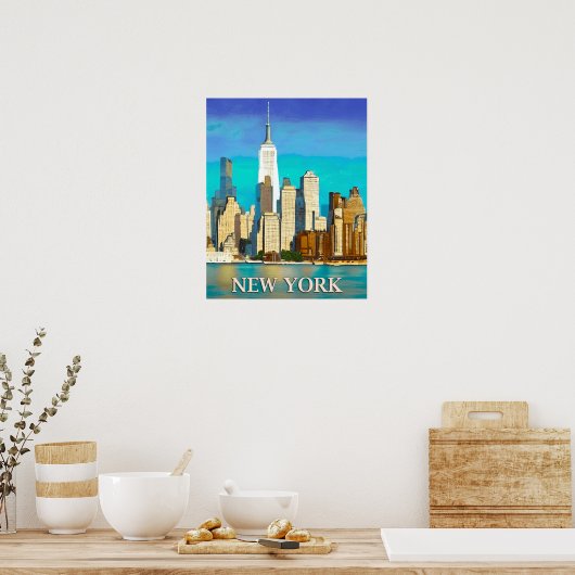 Poster New York Skyline en bleu Cobalt et Tan (Cuisine)