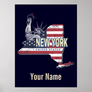 Poster New York State États-Unis Retro Carte Vintage USA