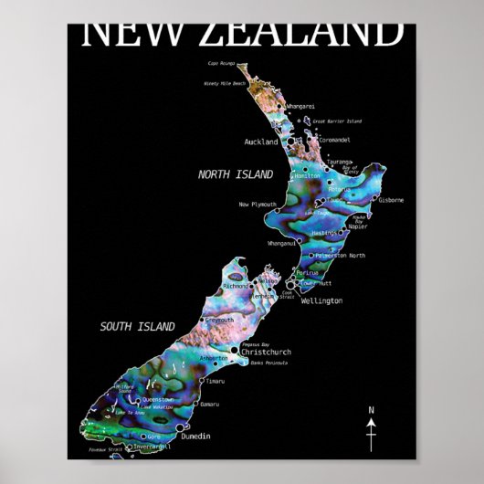 Poster New Zealand Kiwi Detailed Map (Devant)