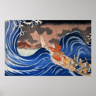 Poster Nichiren calme une tempête à Kakuda, Kuniyoshi
