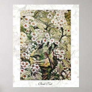 Poster NID D'OISEAU, blanc marron vert jaune