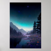 Poster Nightfall de rivière : Forêt, Fleurs et étoiles (Devant)