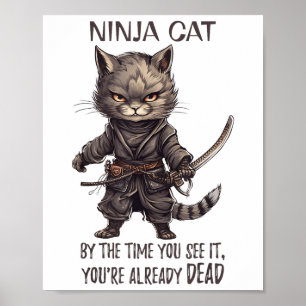 Poster Ninja Cat, Japonais Samurai Kawaii Cat Tattoo Funn