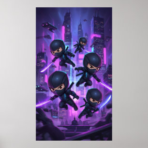 Poster Ninja tenant l'épée brillante dans une ville futur