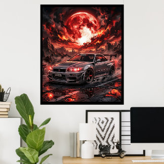 Poster Nissan Skyline R34 sous une lune cramoisie