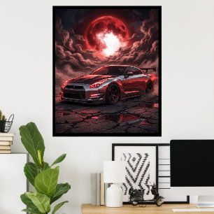 Poster Nissan Skyline R35 sous une lune cramoisie