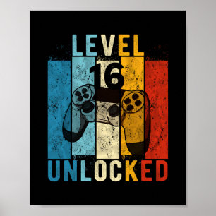 Poster Niveau 16 Débloqué Joueur de Vidéo 16 Ans 16e Anni