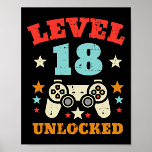 Poster Niveau 18 Débloqué Video Gamer Boys Hommes 18e Ann