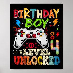 Poster Niveau 4 Débloqué Joueur de jeux vidéo 4ème Annive
