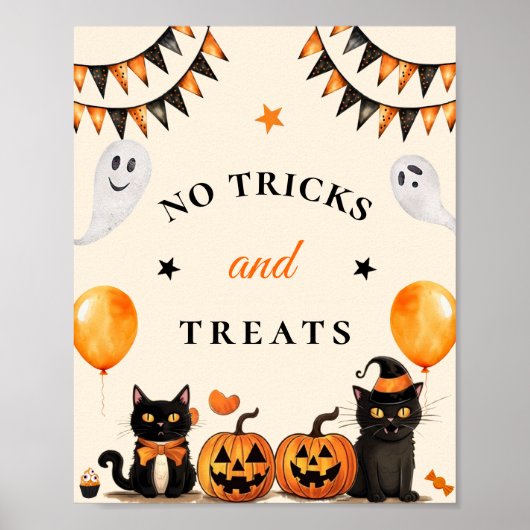 Poster " No Tricks & Traitements " Boo Black Cat Hallowee (Devant)