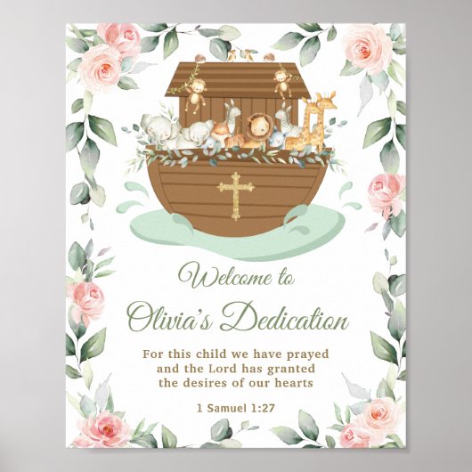 Poster Noah's Ark Pink Floral Dedications Christening (Devant)