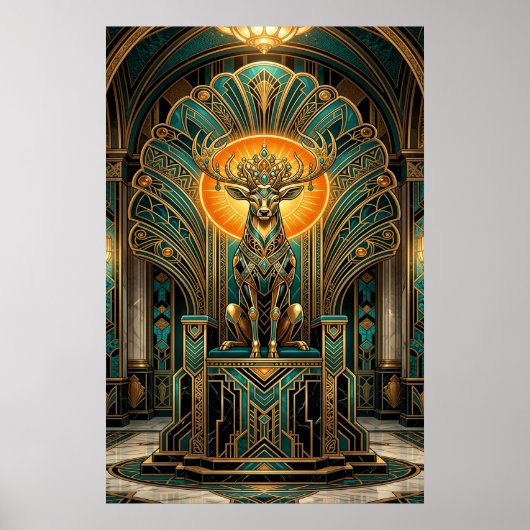 Poster Noble Art Deco Stag Deer Golden Silhouette (Devant)