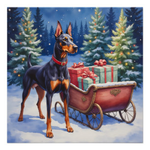 Poster Noble Doberman gardant le traîneau de Noël en hive