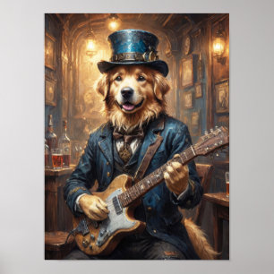 Poster Noble golden Retriever jouant de la guitare au pub