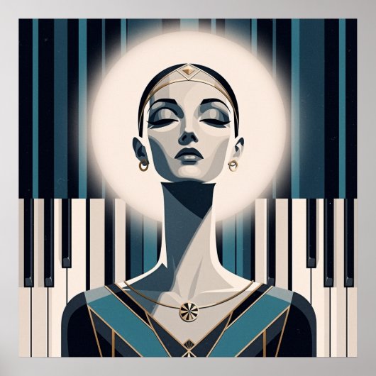 Poster Nocturne in Teal: Art Deco Piano Portrait  (Devant)