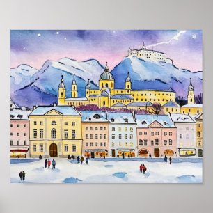 Poster Noël à Salzbourg Autriche Aquarelle