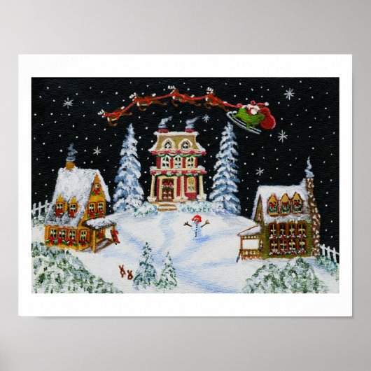 Poster Noël, bonhomme de neige, lapins, Père Noël, paysag (Devant)
