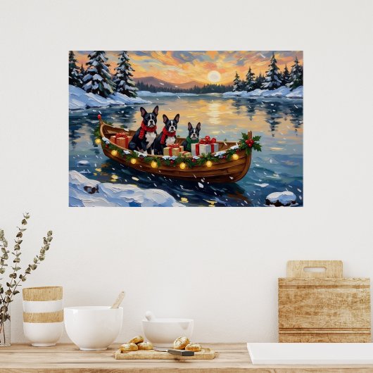 Poster Noël Boston Terrier Bateau Fêtes (Cuisine)