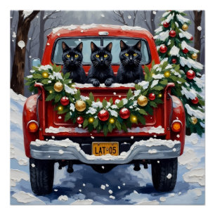 Poster Noël Camion Rouge Chat Noir Fêtes
