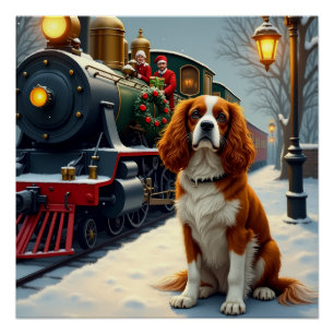 Poster Noël Cavalier King Charles Spaniel en gare