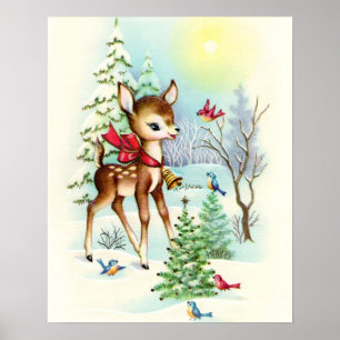 Poster Noël cerf rétro vintage Fêtes