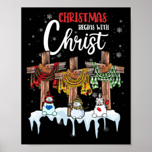 Poster Noël commence Christ Snowman Croix chrétienne