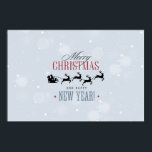 Poster Noël de Santa and his Flying<br><div class="desc">Une affiche festive de noël. Un arrière - plan gris subtil avec des flocons de neige. Lettres tendance qui dit : Joyeux Noël et Bonne Année. Avec une silhouette noire de père Noël dans son traîneau tiré par son renne volant à travers le ciel.</div>