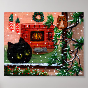 Poster Noël d'hiver Chouette de chat noire Art Créationar