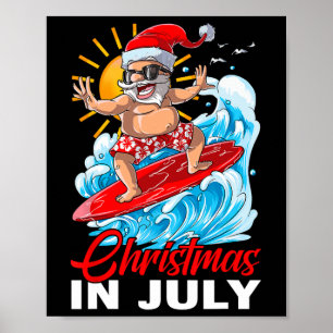Poster Noël drôle en juillet Santa surfant sur la plage d