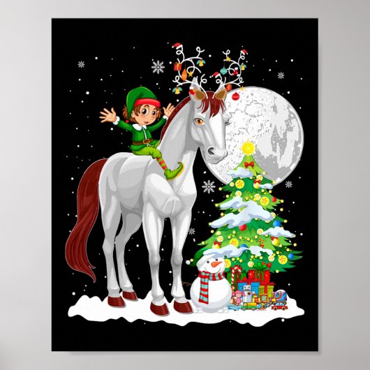 Poster Noël Elfe équitation Reindeer Cheval Snowman Xmas  (Devant)