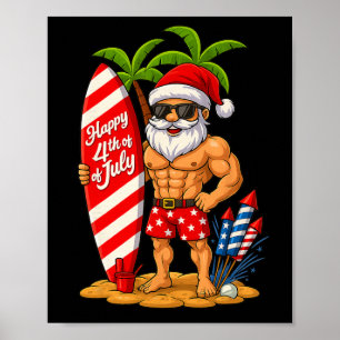 Poster Noël En 4 juillet Père Noël Bodybuilding Surfin
