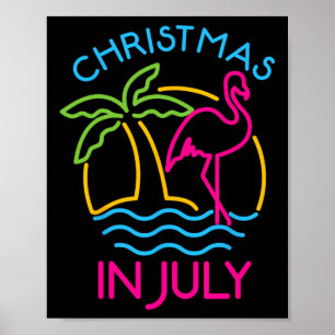 Poster Noël en juillet Chapeau de Santa Flamingo Rose Été