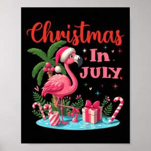 Poster Noël en juillet Flamant rose Chapeau de Père Noël