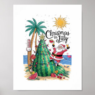 Poster Noël en Juillet Pastèque Arbre de Noël Santa Plage