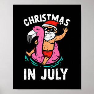 Poster noël en juillet père Noël doflamingo hawaii plage